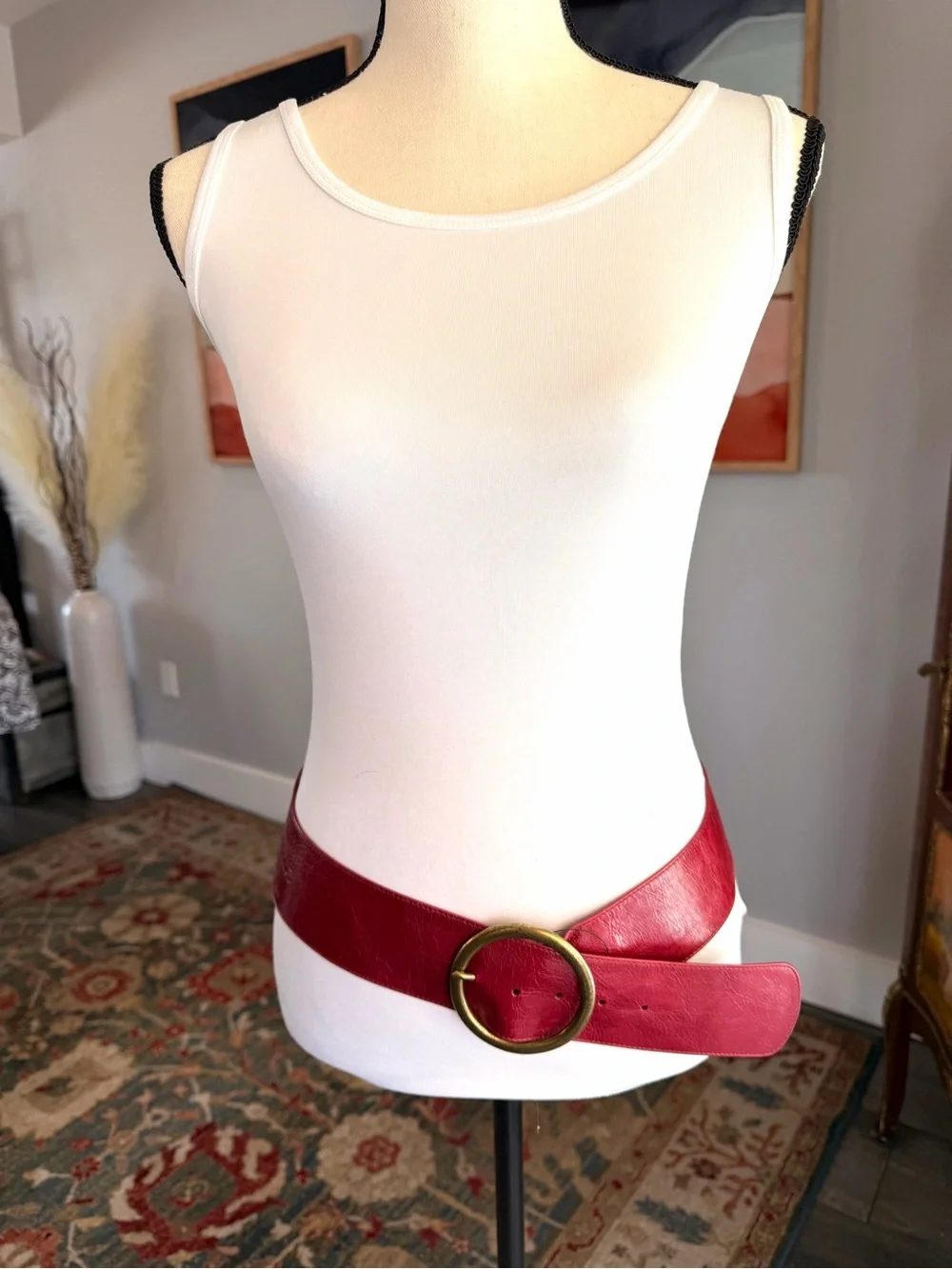HOBO Red Leather Belt with Round Brass-Tone Buckle